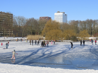 901362 Gezicht op de vijver in Park Transwijk te Utrecht, met schaatsers en spelende kinderen.